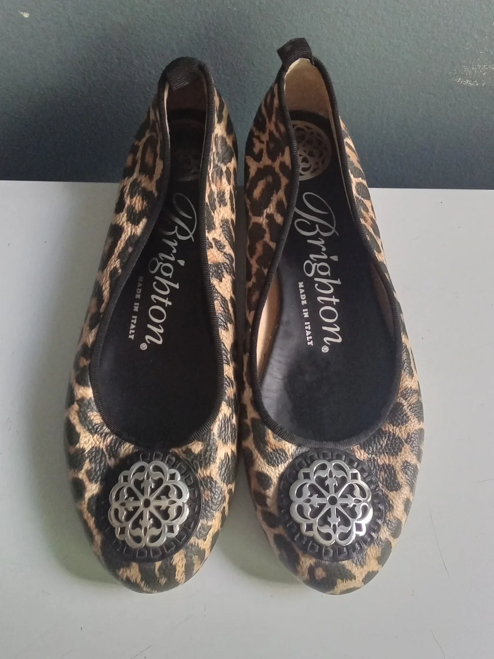 Brighton Aleta Leopard Print Leather Ballet Flats Silver Filigree Medallion 7.5M